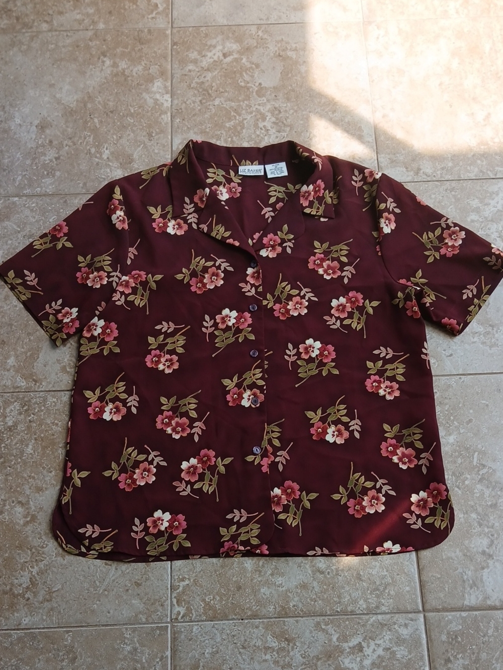Liz Baker Floral Print Polyester Button Front Shirt in Burgundy
